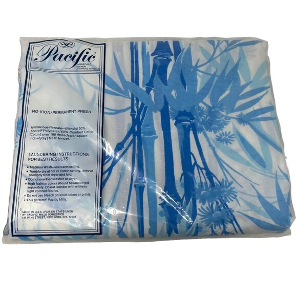 Pacific Blue Floral/Bamboo Double Flat Sheet 54x75 Mattress Vintage Cotton Blend - Picture 3 of 5